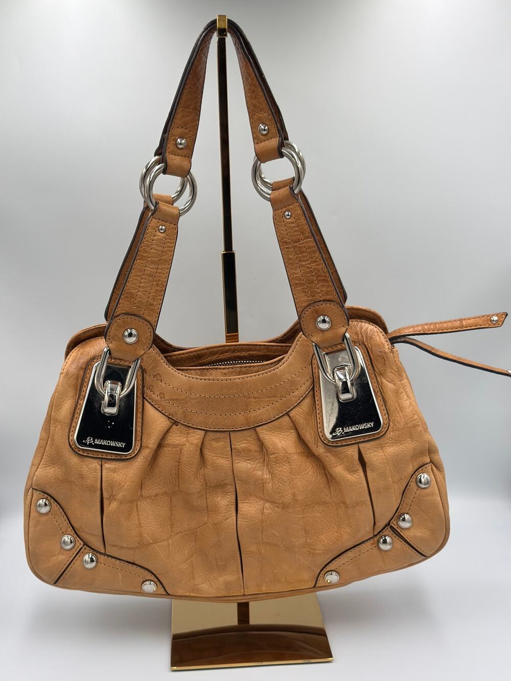 B Makowsky Croc Embossed Leather Shoulder Handbag Leopard Print Lining